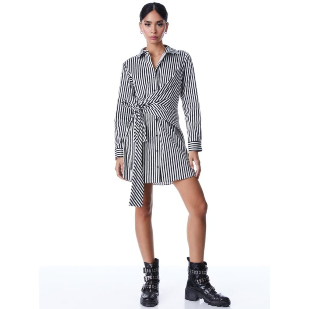 Alice + Olivia REINA DRAPED STRIPPED SHIRT DRESS size L NWOT - Picture 11 of 11